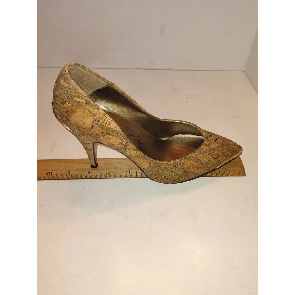 Española Cork Stiletto Pumps Gold Metal Detail Made in Spain Tan Heels Size 5-6